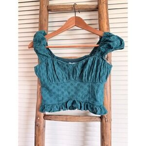 Hollister Teal Green Floral Eyelet Smocked Crop Top XS Cap Sleeve Ruffle